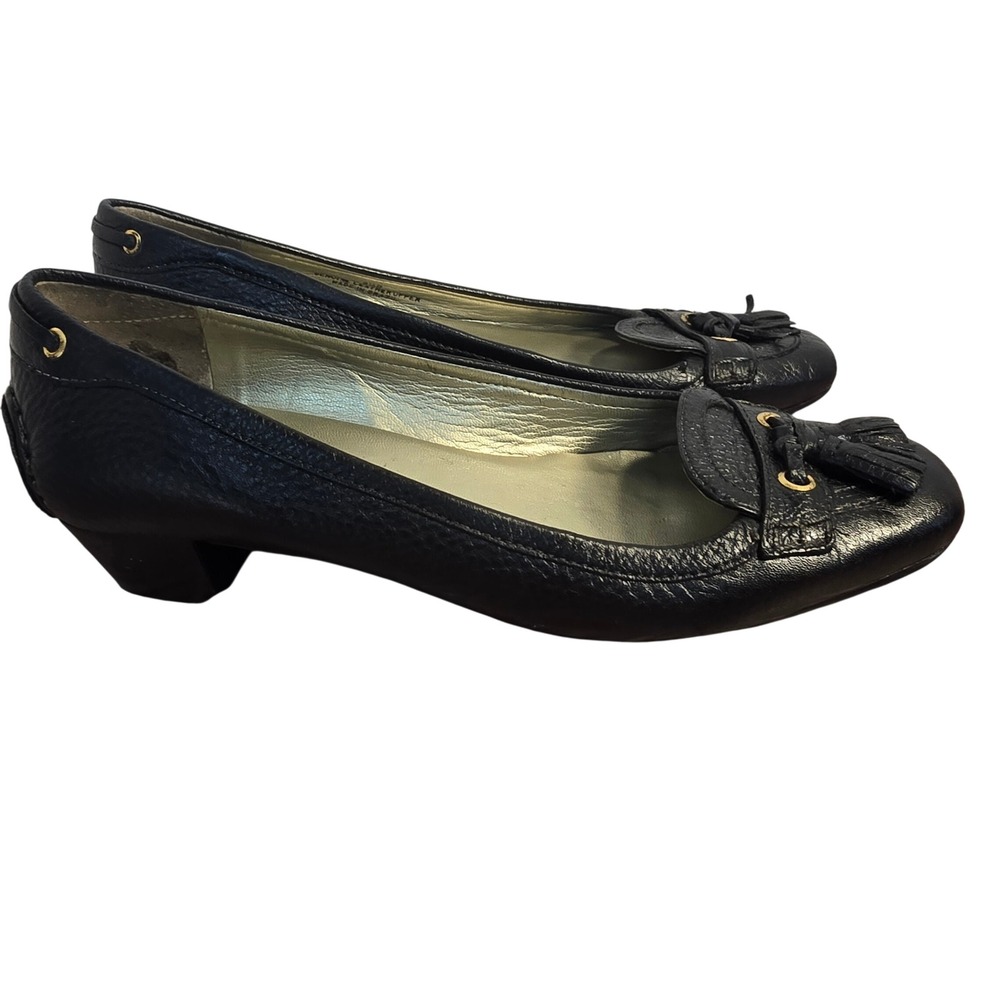Talbots Black Pebbled Leather Tassel Loafer Pumps Low Block Heel Gold Hardware - Picture 5 of 16